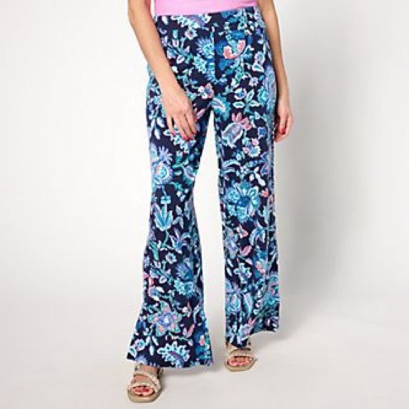 Denim & Co. Beach Jersey Petite Wide Leg Pants Slit 1XP pockets paisley tropical - Picture 1 of 6